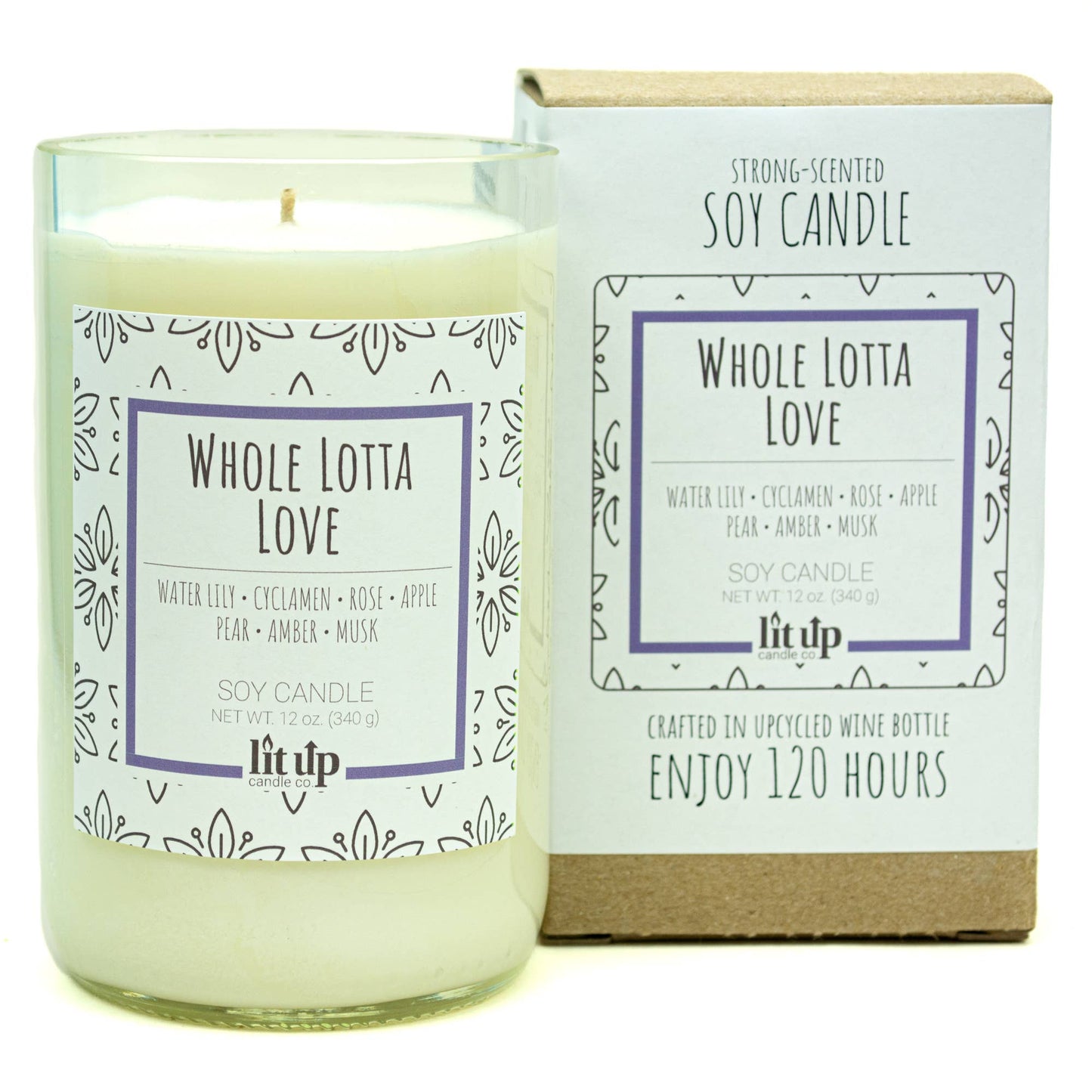 Whole Lotta Love scented 12 oz soy candles in wine bottles