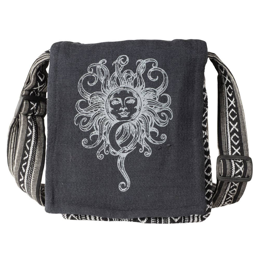 Black crossbody bag with white sun design on a white background