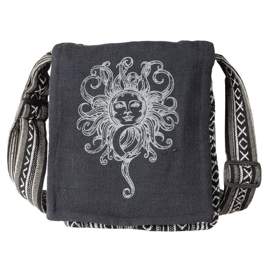 Black crossbody bag with white sun design on a white background