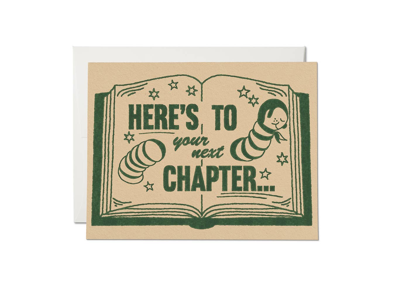 Greeting card with 'Here's to your next chapter' text and book design on a beige background