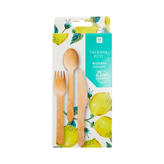 Wooden Eco Cutlery, Lemon Print - 6 Place Settings