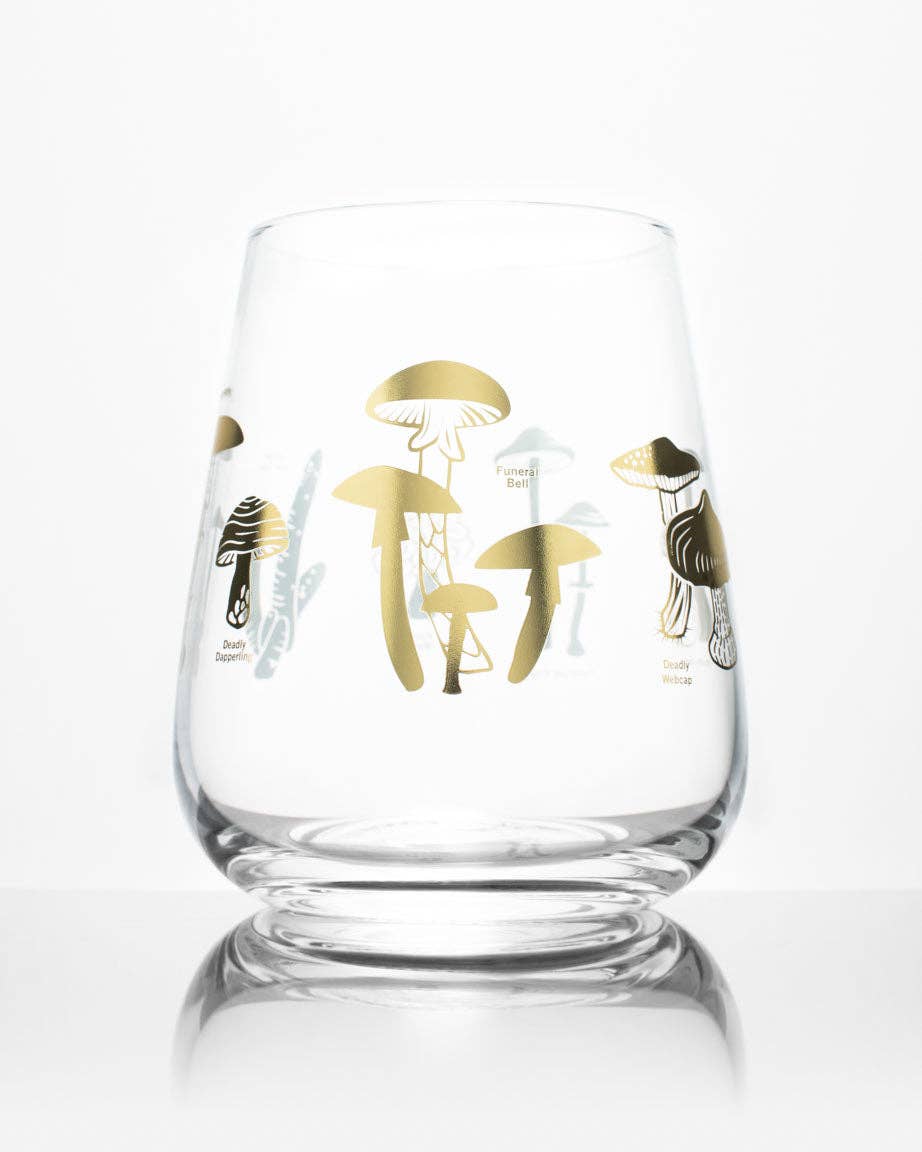 Poisonous Mushrooms Wine Glass: Gold Foil