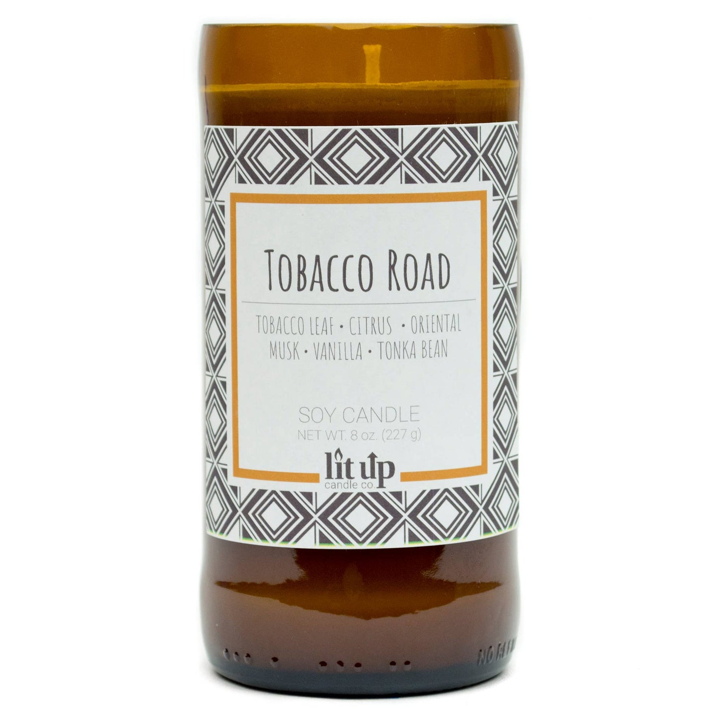 Tobacco Road 8 oz. soy candles in upcycled beer bottles